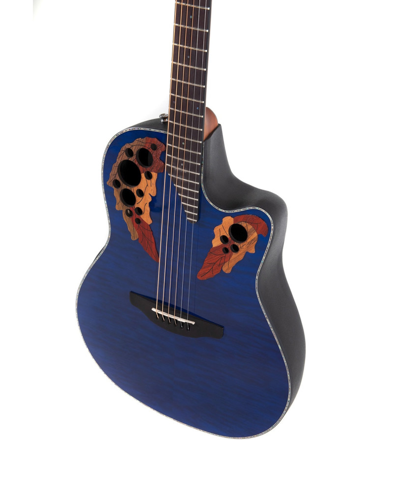 Ovation E – akustická kytara Celebrity Elite Plus Mid Cutaway Blue Transparent Quilt