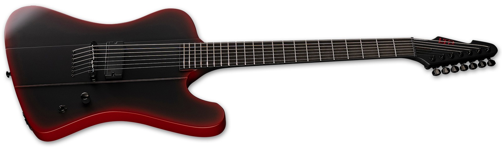 LTD Phoenix-7 Baritone Black Metal II Black Red Burst Satin angled